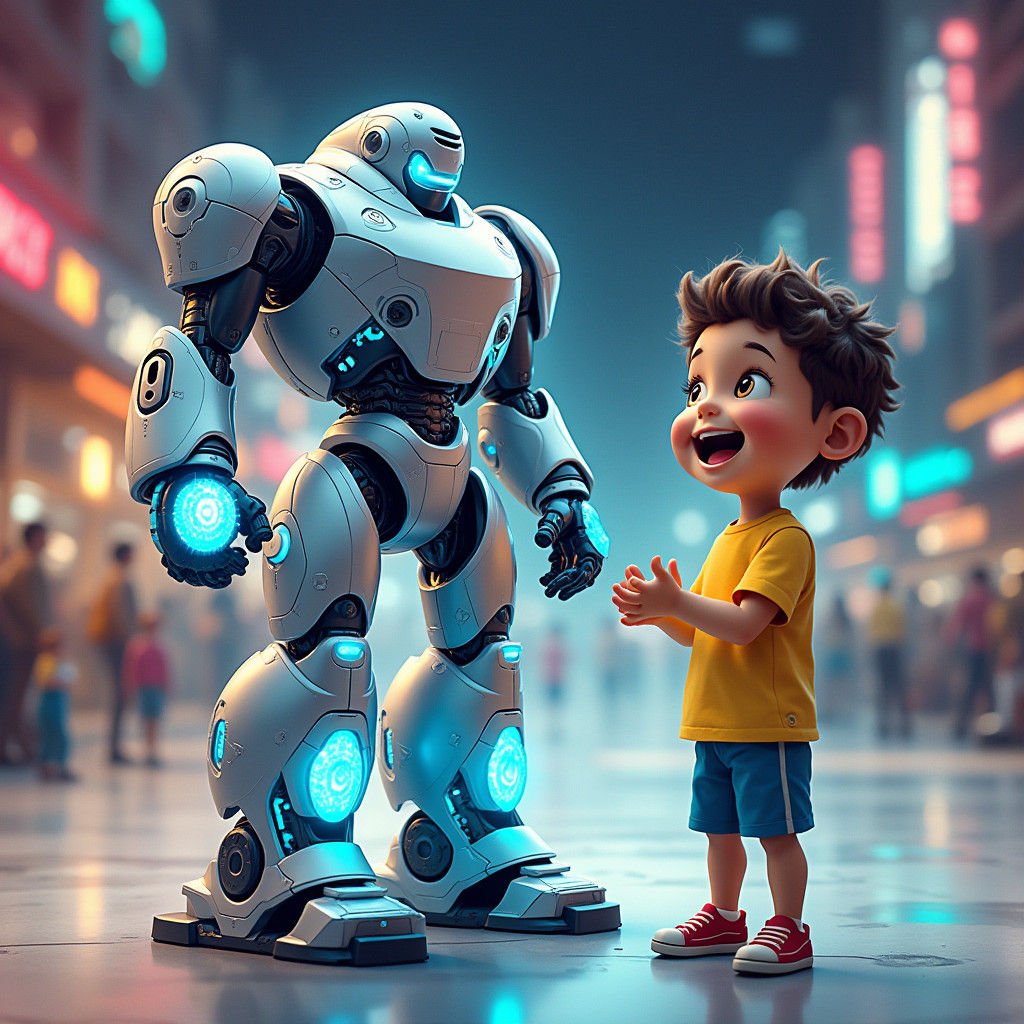 Futuristic Robot Toy with Holographic Features and Child