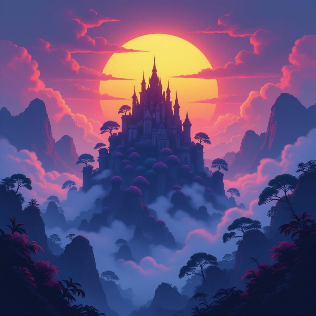 Magical Island Emerges from Spooky Mist at Sunset