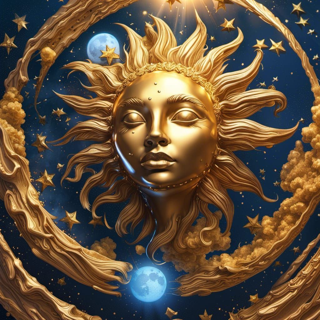 Sun, Moon, and Stars in Hyperrealistic Splash Art