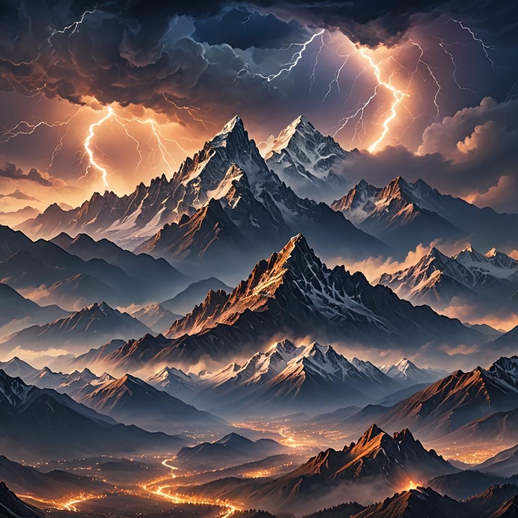 Majestic Mountains Under Lightning Sky: Digital Painting