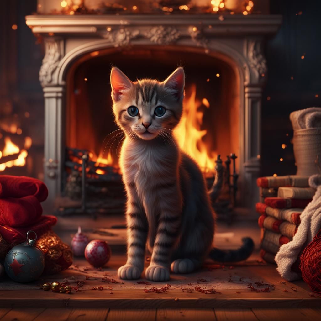 Kitten's Cozy Christmas: Fireplace Scene in Detailed Paintin...
