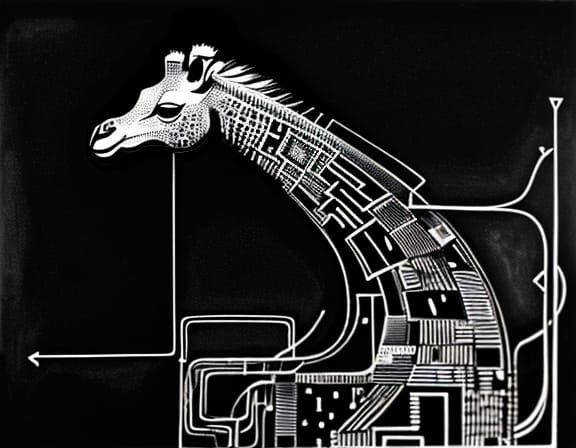 Giraffe Head Emerges from Circuit Board Landscape Sketch