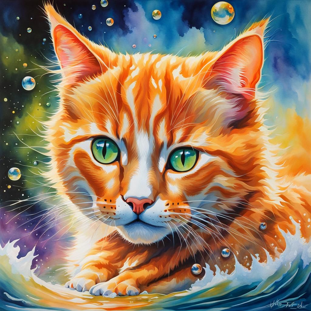 Vibrant Watercolor of a Cuddly Orange Tabby Kitty