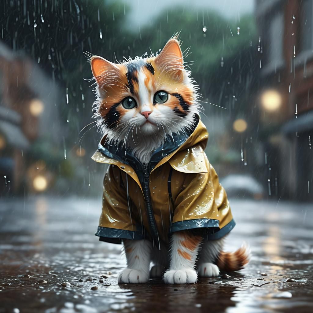 Calico Kitten in Raincoat: A Fantasy Scene