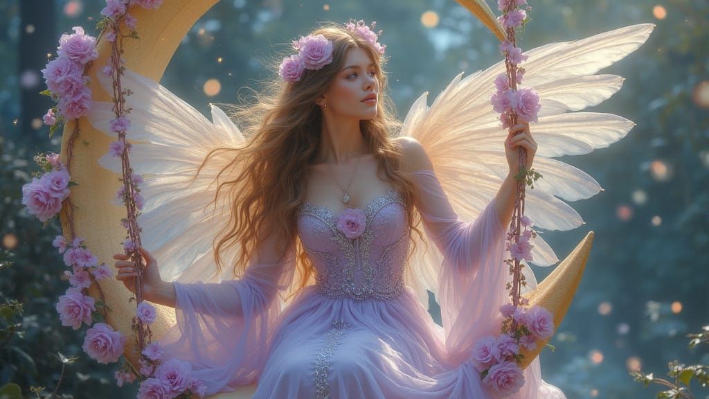 Ethereal Angel on Moon Swing in Art Nouveau Style