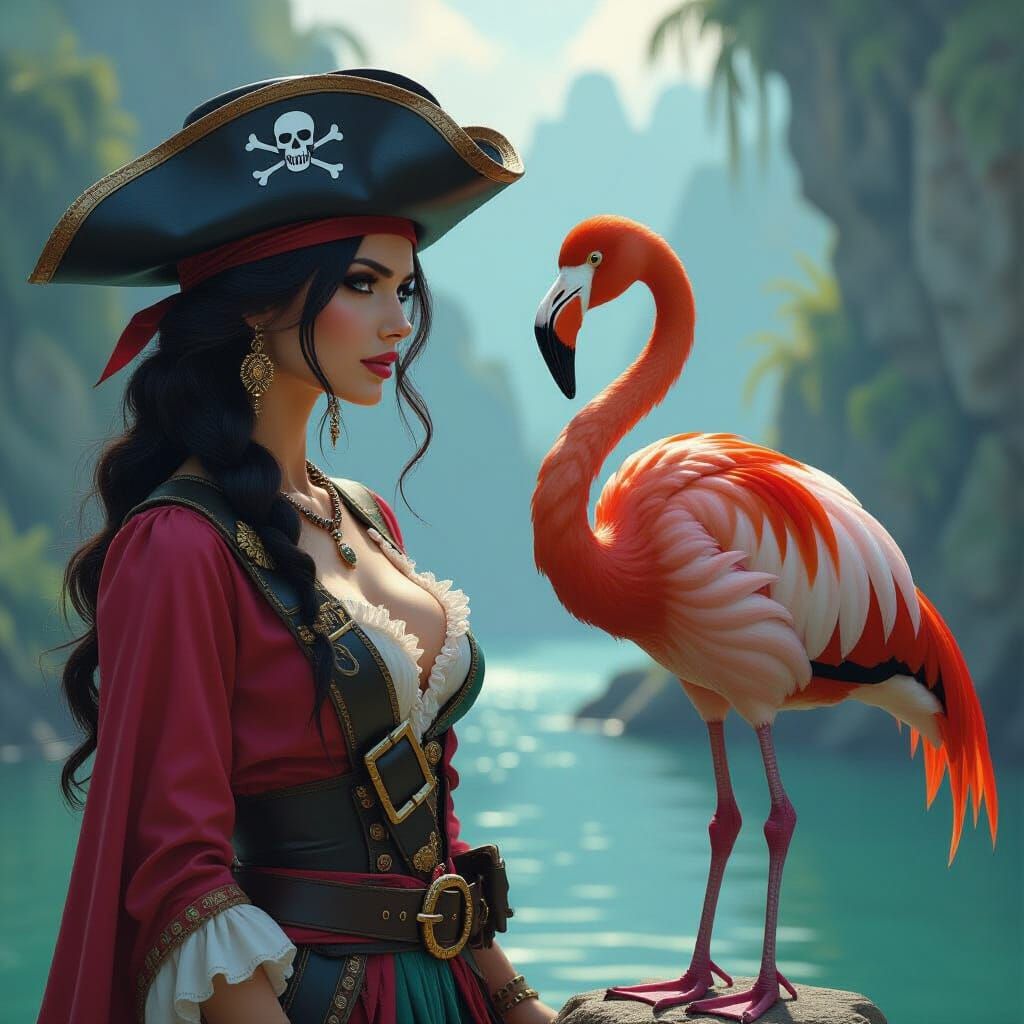 Pirate Lady and Flamingo in Epic Fantasy Style