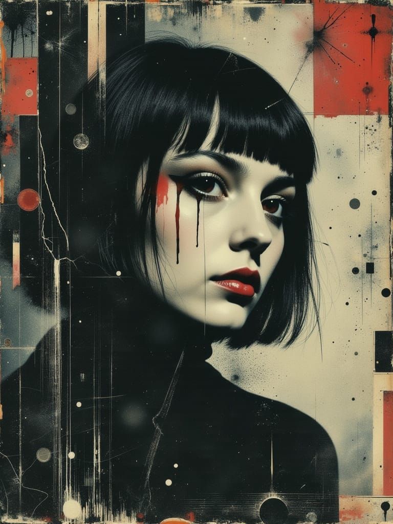 Gothic Sad Portrait of a Woman in Abstract Mixed Media