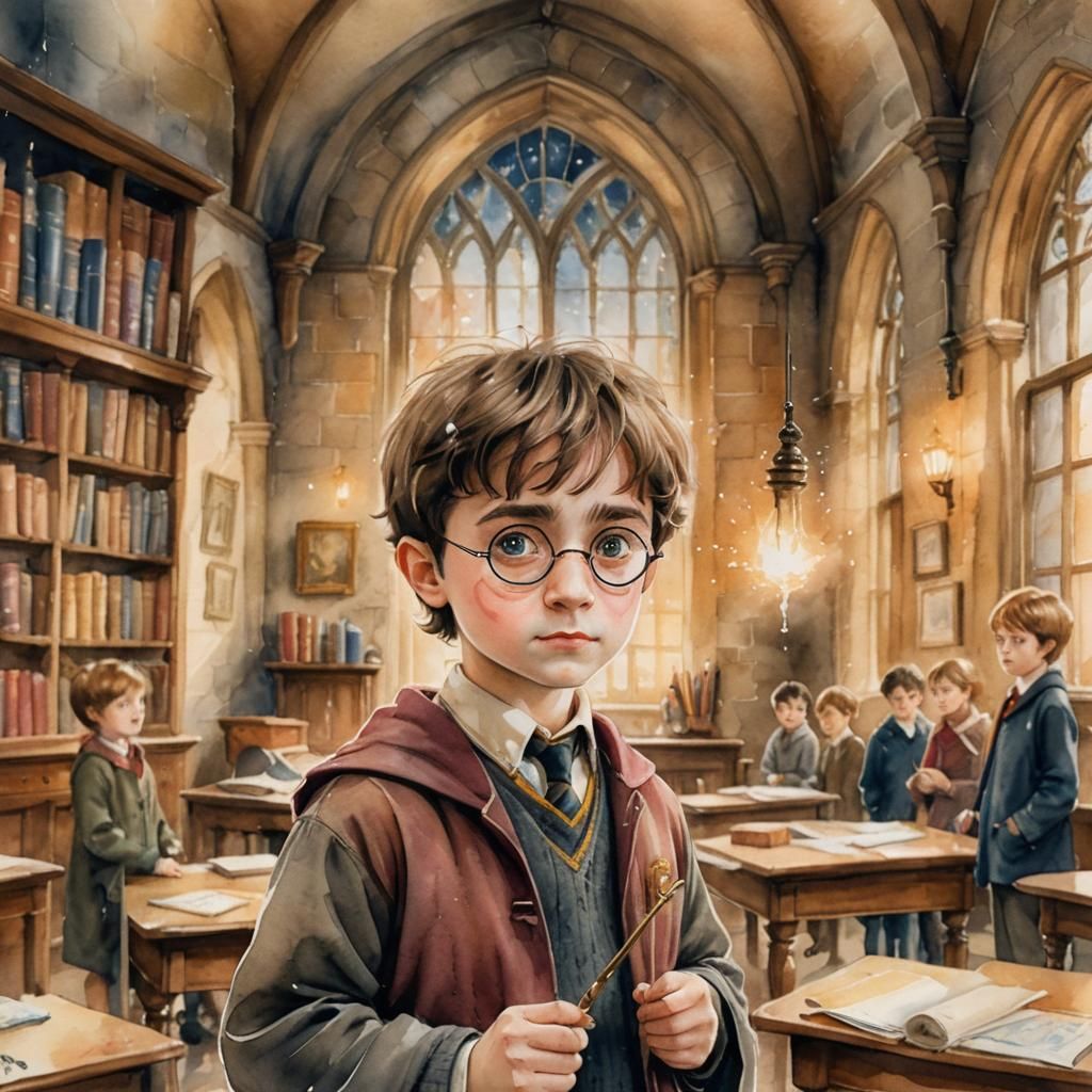 Whimsical Watercolor: Young Harry Potter in Hogwarts
