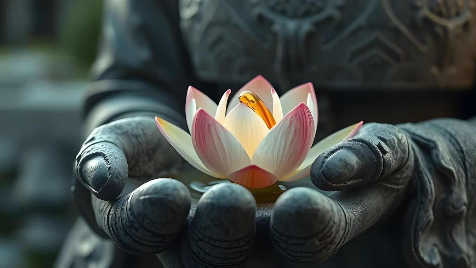 Golden Lotus Blooms from Stone Hand Statue