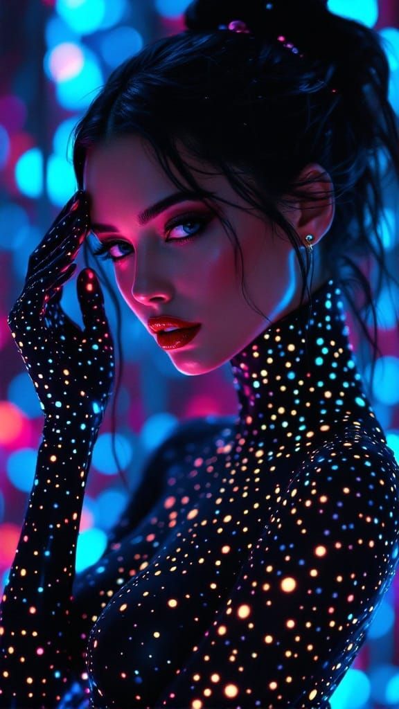 Dreamlike Cyberpunk Goddess in Polka Dot Bodysuit