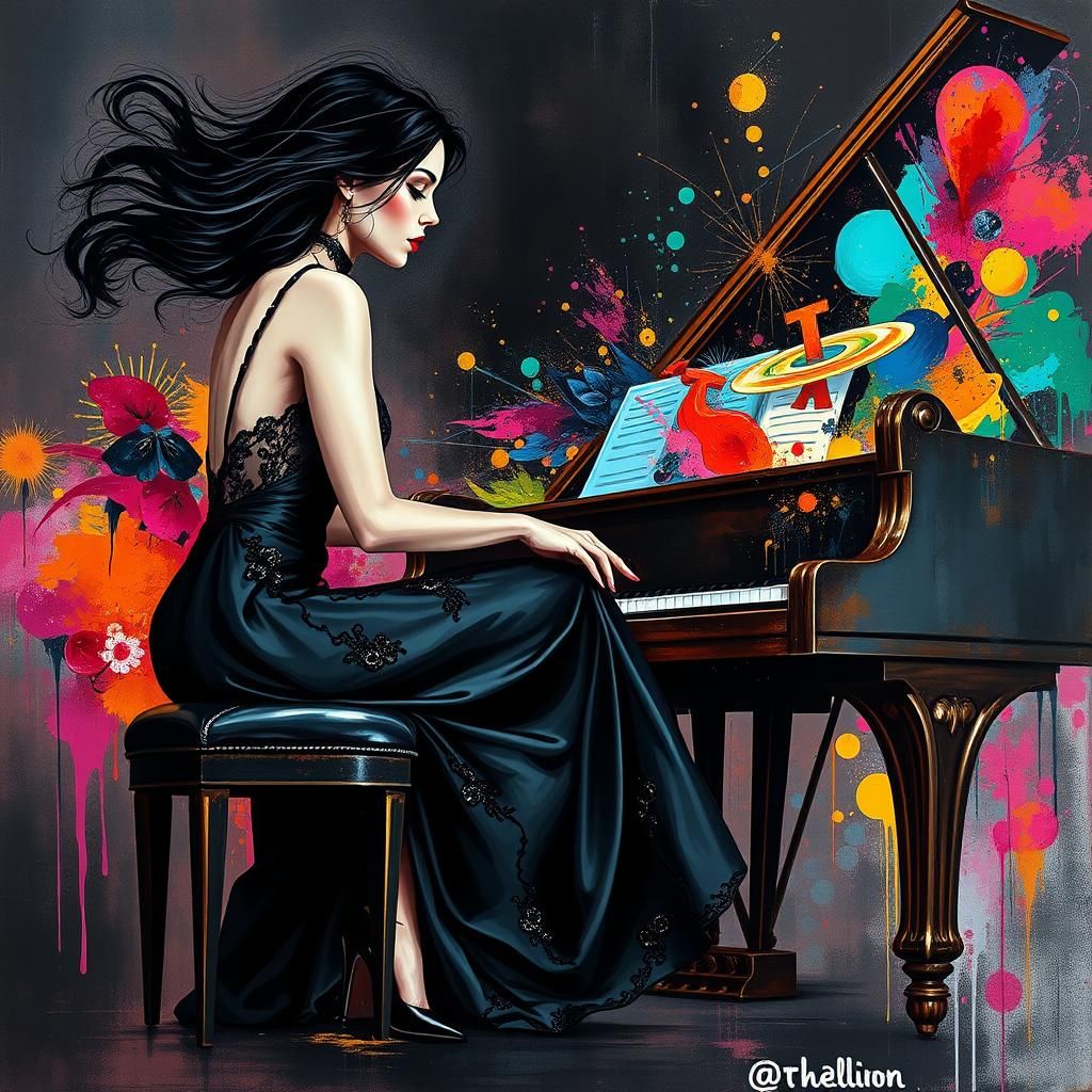 Woman at Piano: Graffiti Art and Oil Gouache Textures