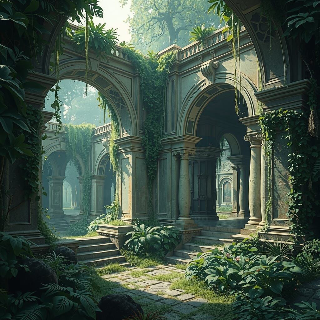 Ancient Ruins Overcome by Lush Nature and Tech