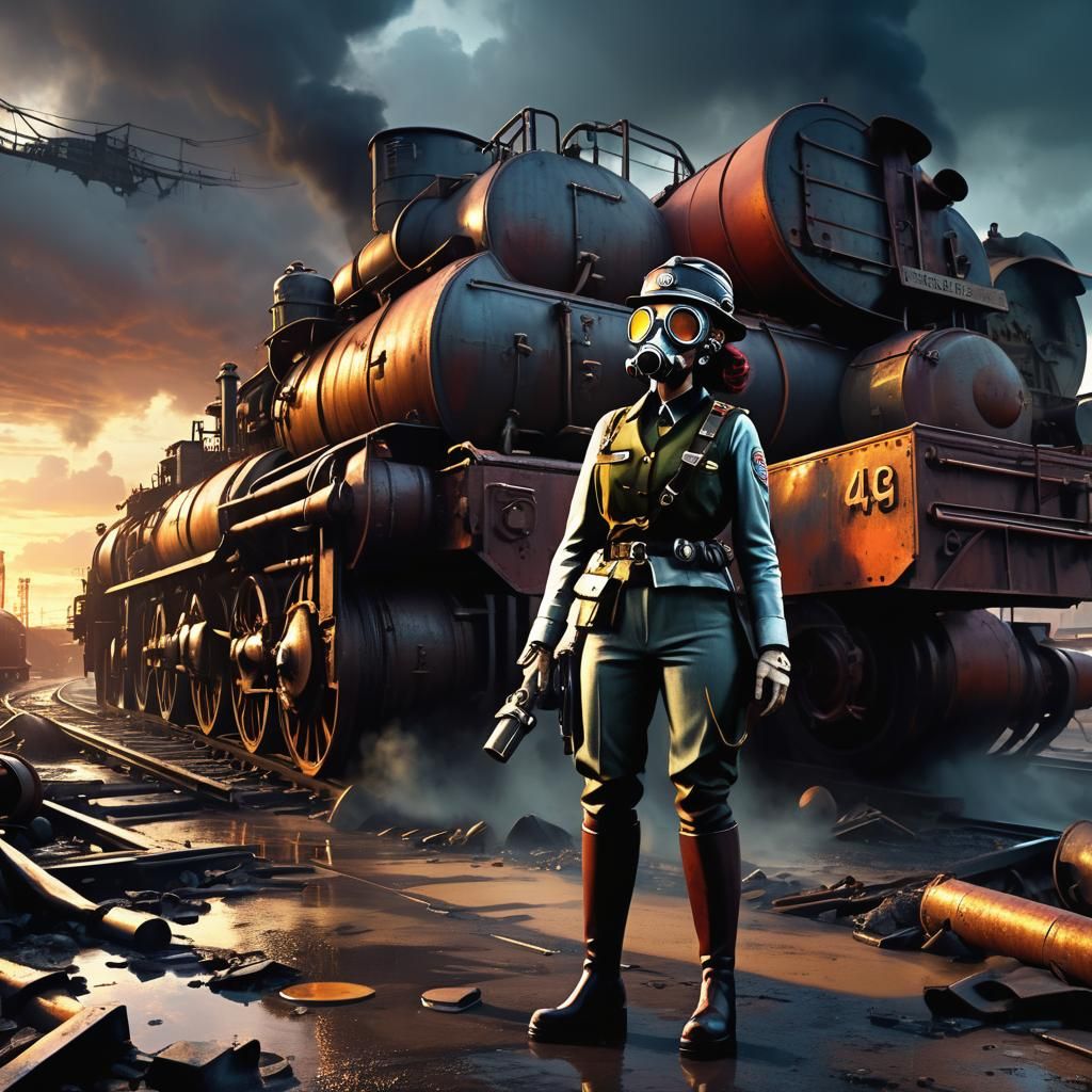 Dieselpunk Girl Officer and Railway Tank Car Machine