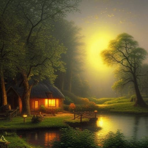 Moonlit Cottage Lake: Kinkade-Style Painting