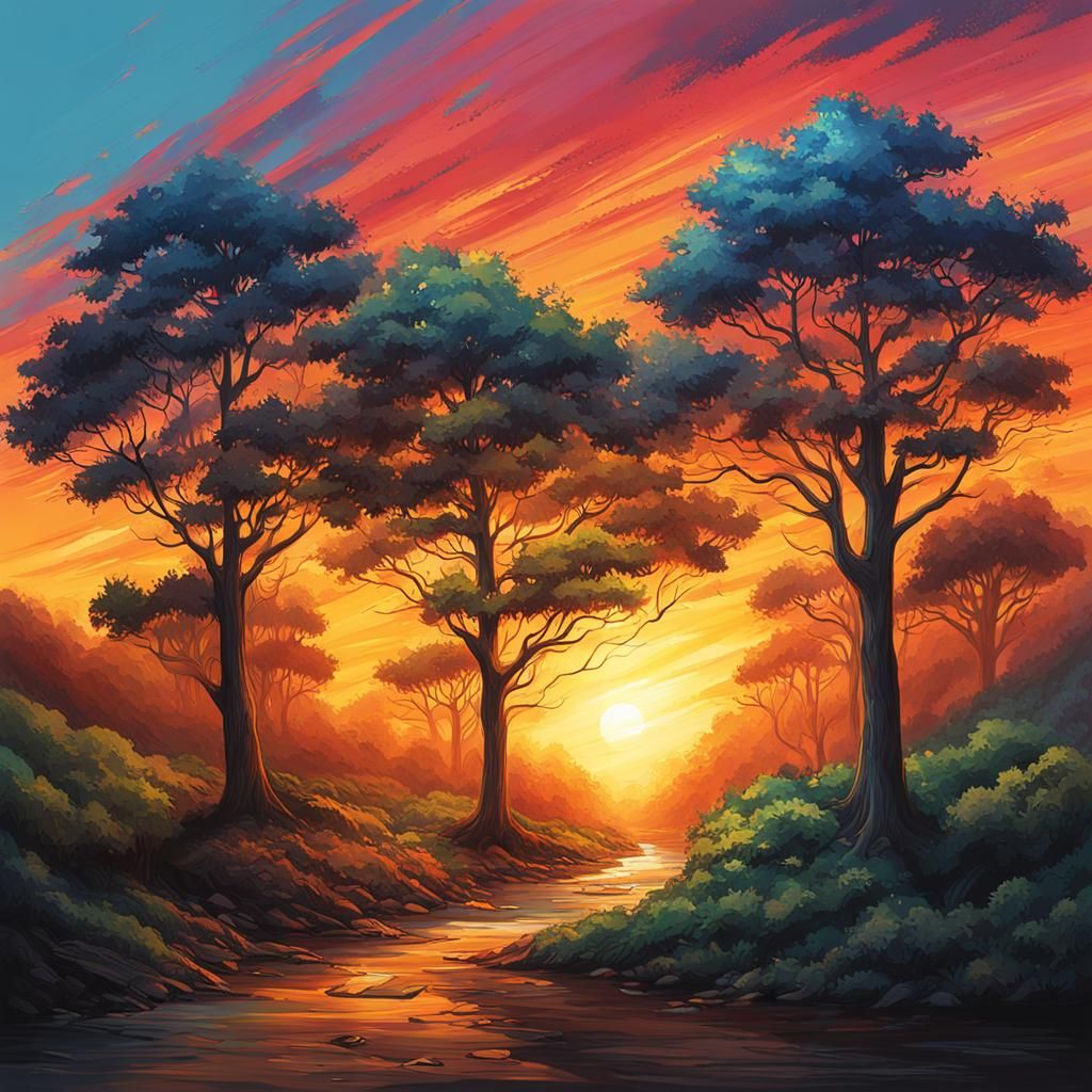 Dramatic Sunset Trees in Hyperrealistic Splash Art