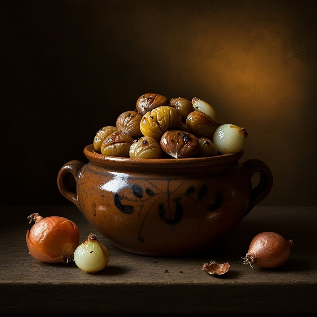 Rustic Still Life: Braised Chestnuts and Pearl Onions