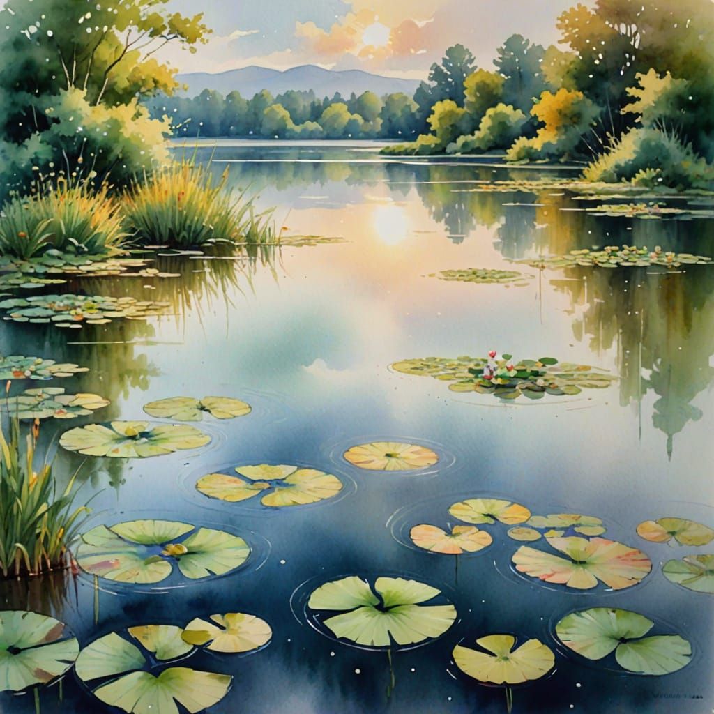 Watercolor Lake with Lilypads in Divine Light
