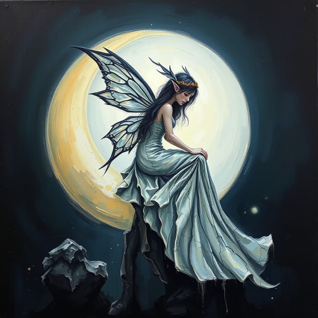 Fantasy Fairy Illuminated by Moonlight in Whimsical Impasto