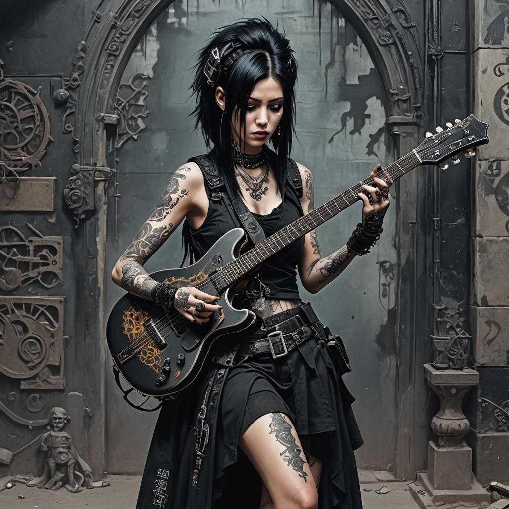 Cyberpunk Woman Plays Guitar with Tattoos