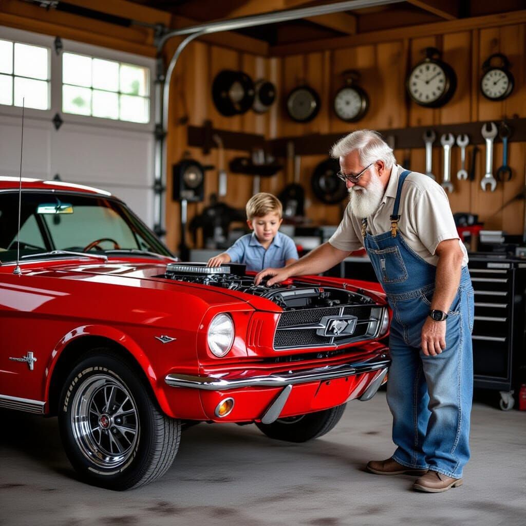 Grandfather and Boy Bond Over Classic Mustang in Garage