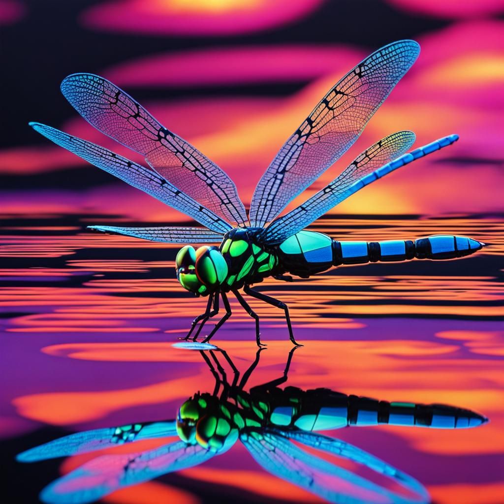Neon Dragonfly Reflection in Cyberpunk Fantasy