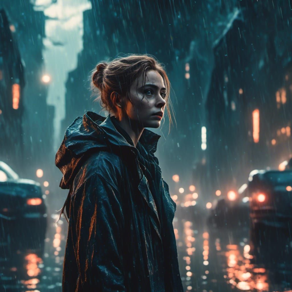Sci-Fi Protagonist in Rainy Cyberpunk Cityscape