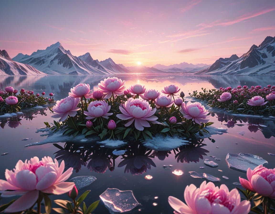 Crystal Peony Garden on Frozen Lake at Sunrise