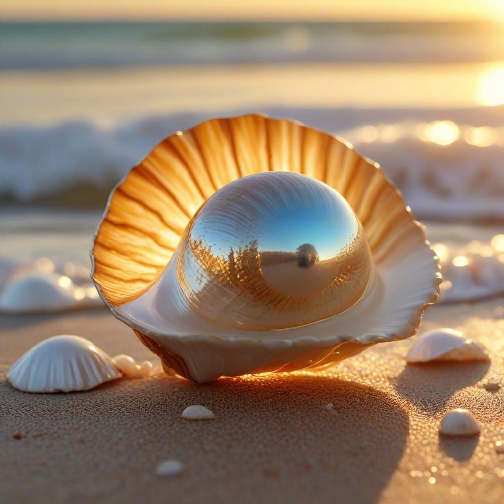 Iridescent Pearl Shell on Beach, Macro Oil Painting