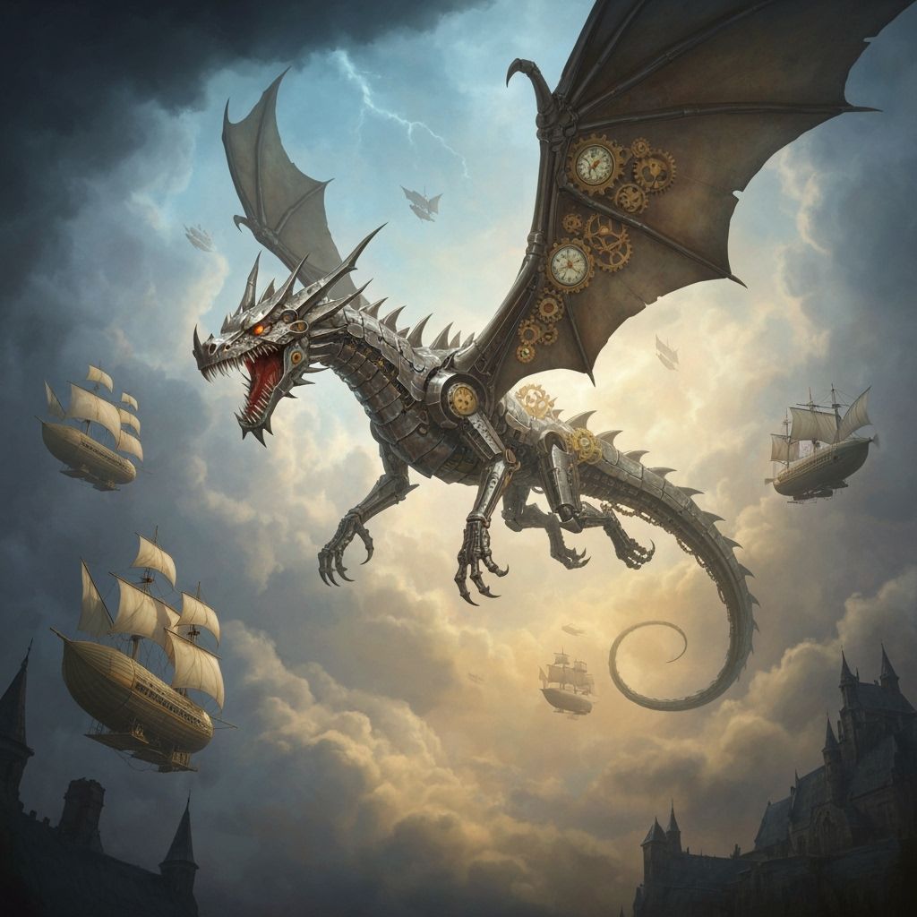 Clockwork Dragon Soaring Through Steampunk Skies
