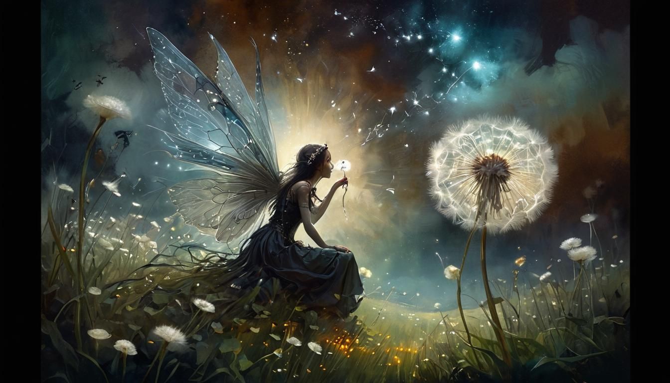 Steampunk Fairy Blowing Dandelion in Dark Field