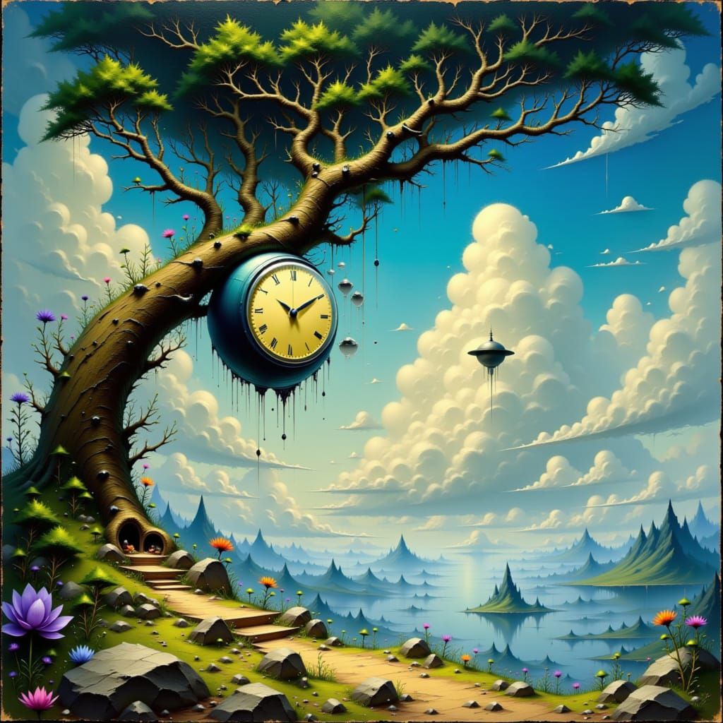 Melting Clock in Surreal Dreamscape, a Surrealist Painting