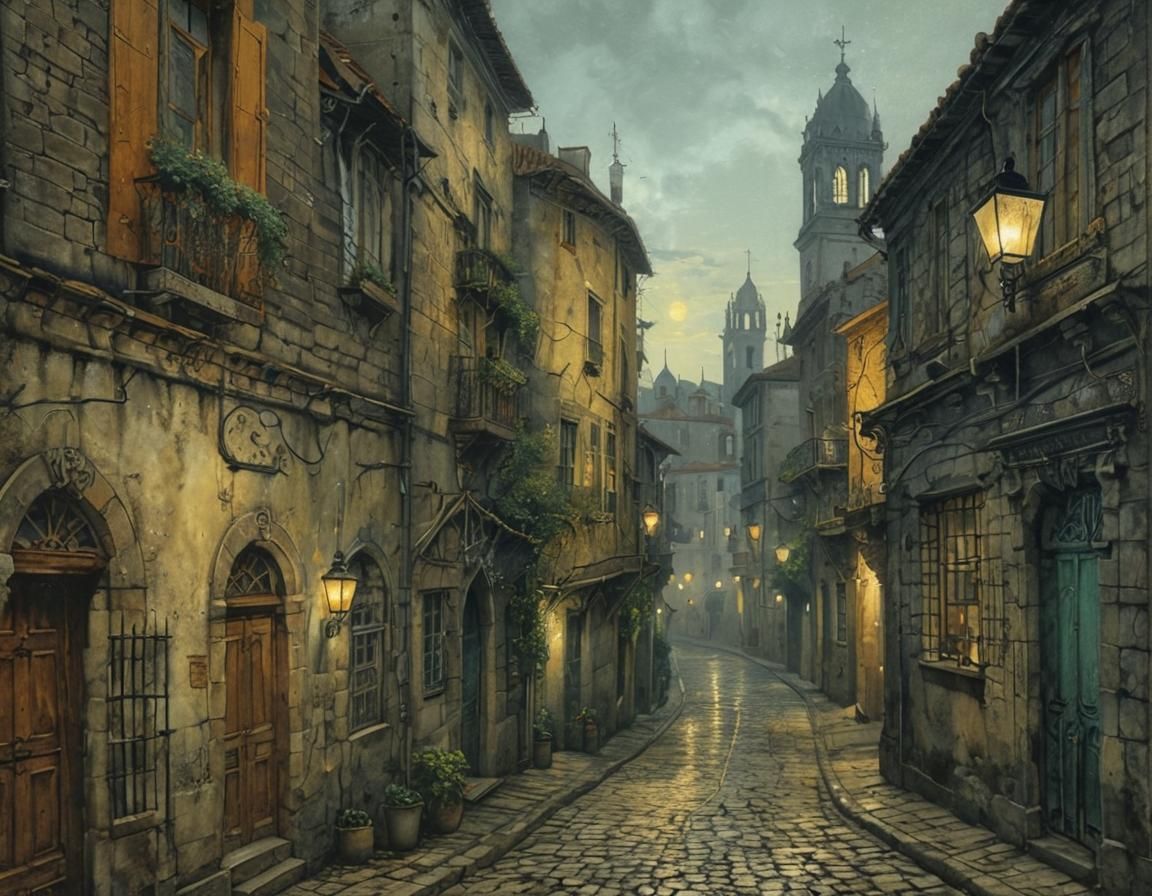 Moonlit Portuguese Alleyway in Grimshaw Style