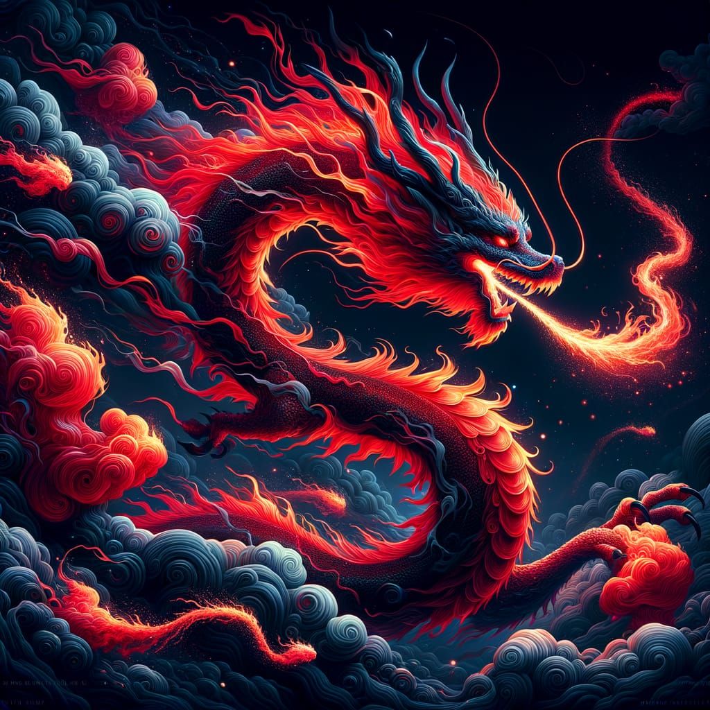 Fiery Asian Dragon Radiating Flame in Anime Style