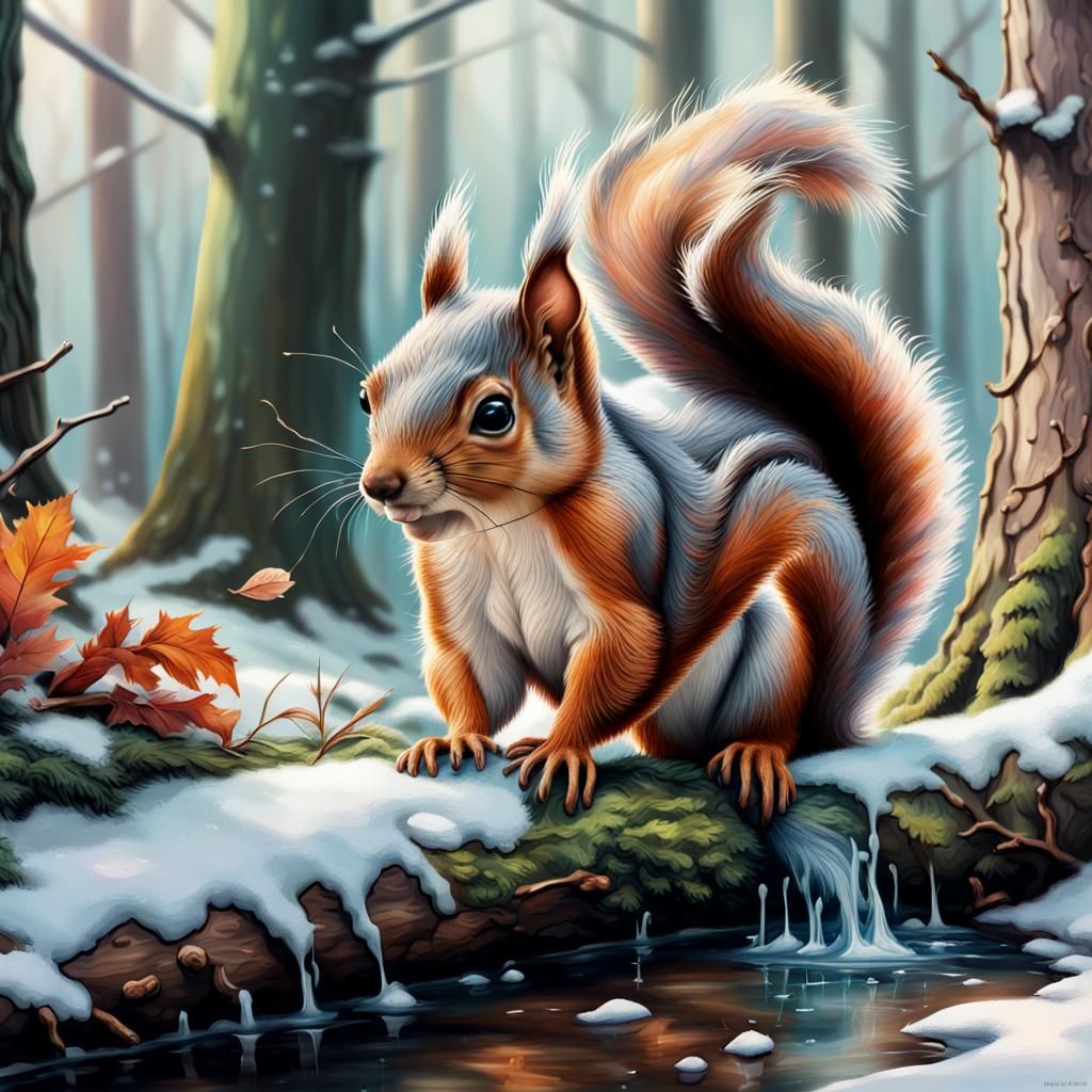 Hyperrealistic Winter Squirrels in a Detailed Forest