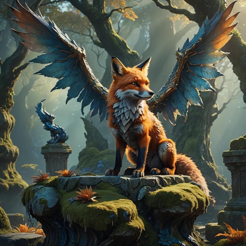 Fox with Dragon Wings Fantasy Illustration