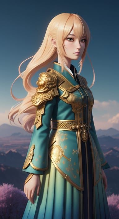 Anime Girl in Fantastical Landscape: 3D Render