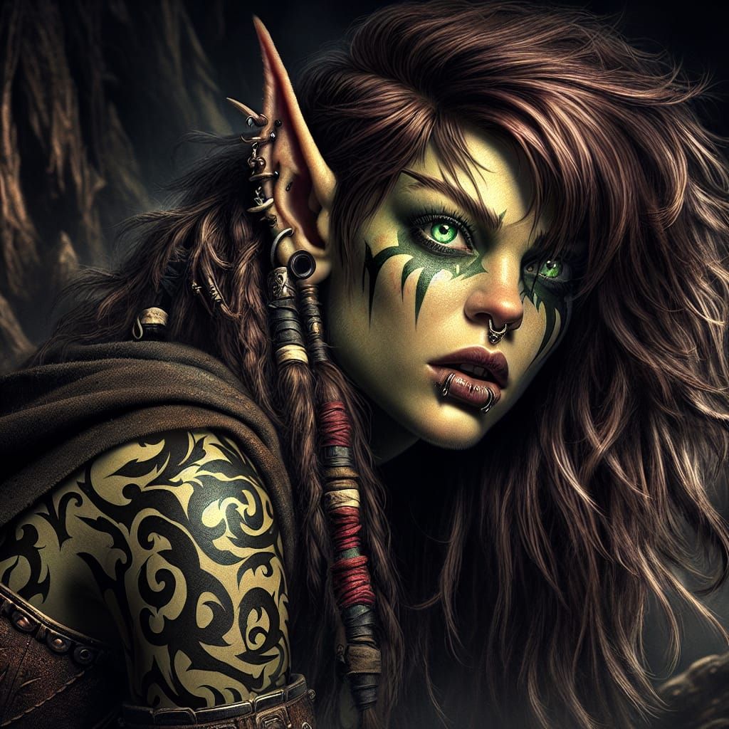 Orc Huntress in Dark Forest: Heroic Engraving