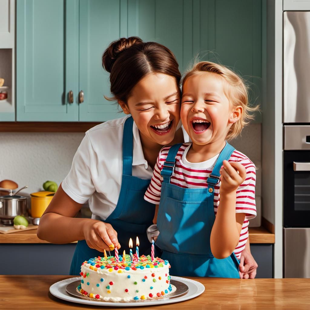 Joyful Family Baking: Hyperrealistic Oil Painting