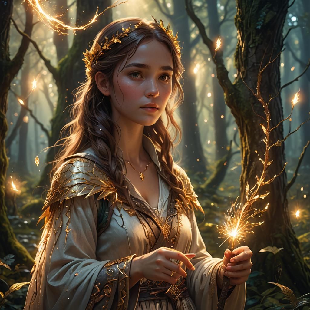 Girl with Magic Wand in Enchanted Forest