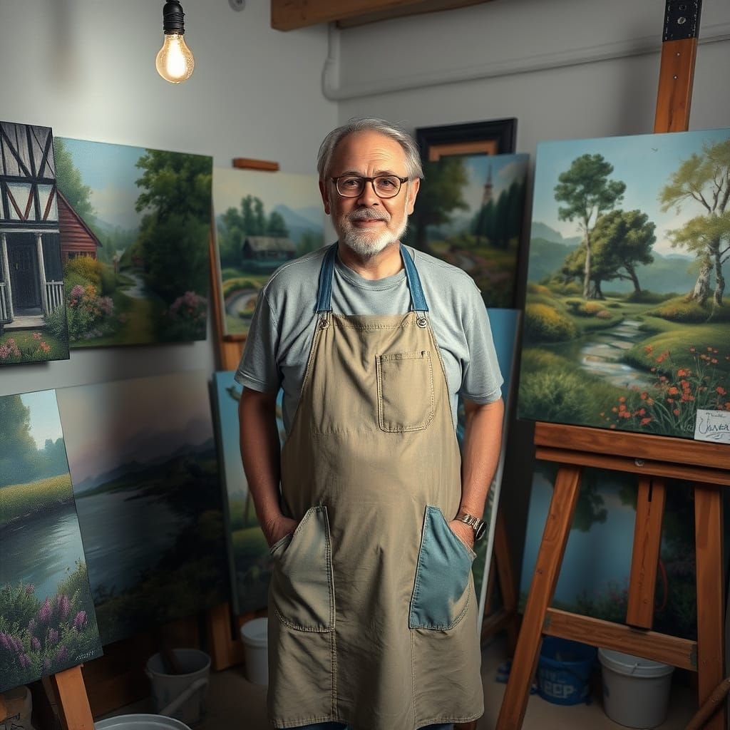 Artist in Studio Surrounded by Dreamy Oil Paintings