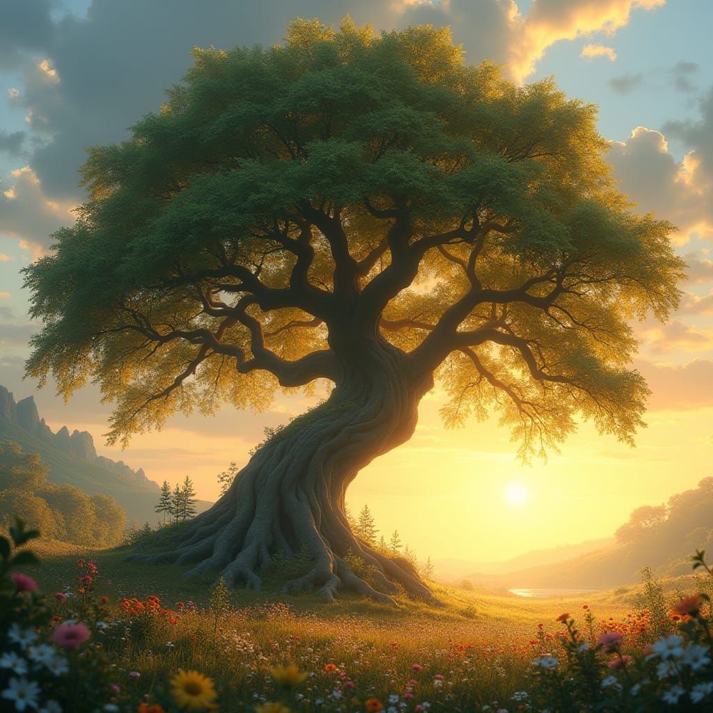 Surreal Sunset Landscape with Ancient Tree in Ethereal Glow