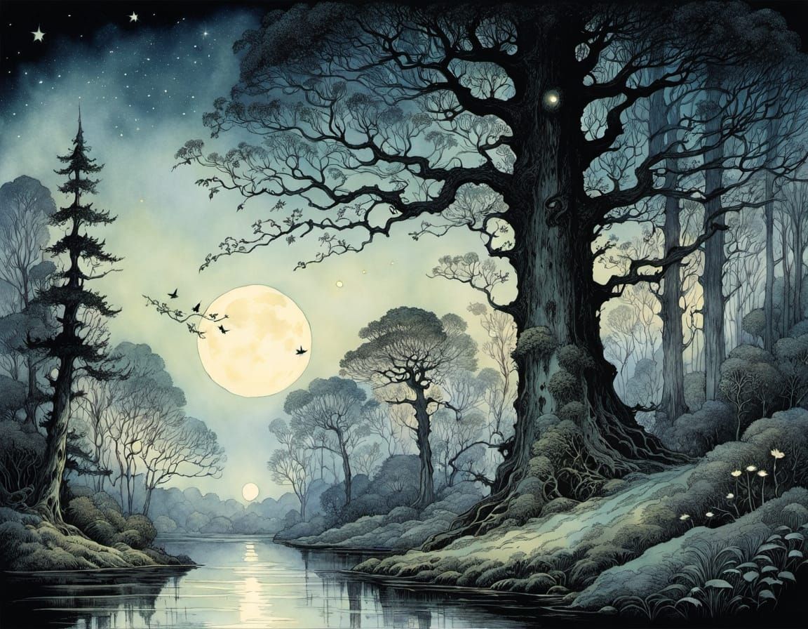 Ancient Forest Scene with Twinkling Fireflies