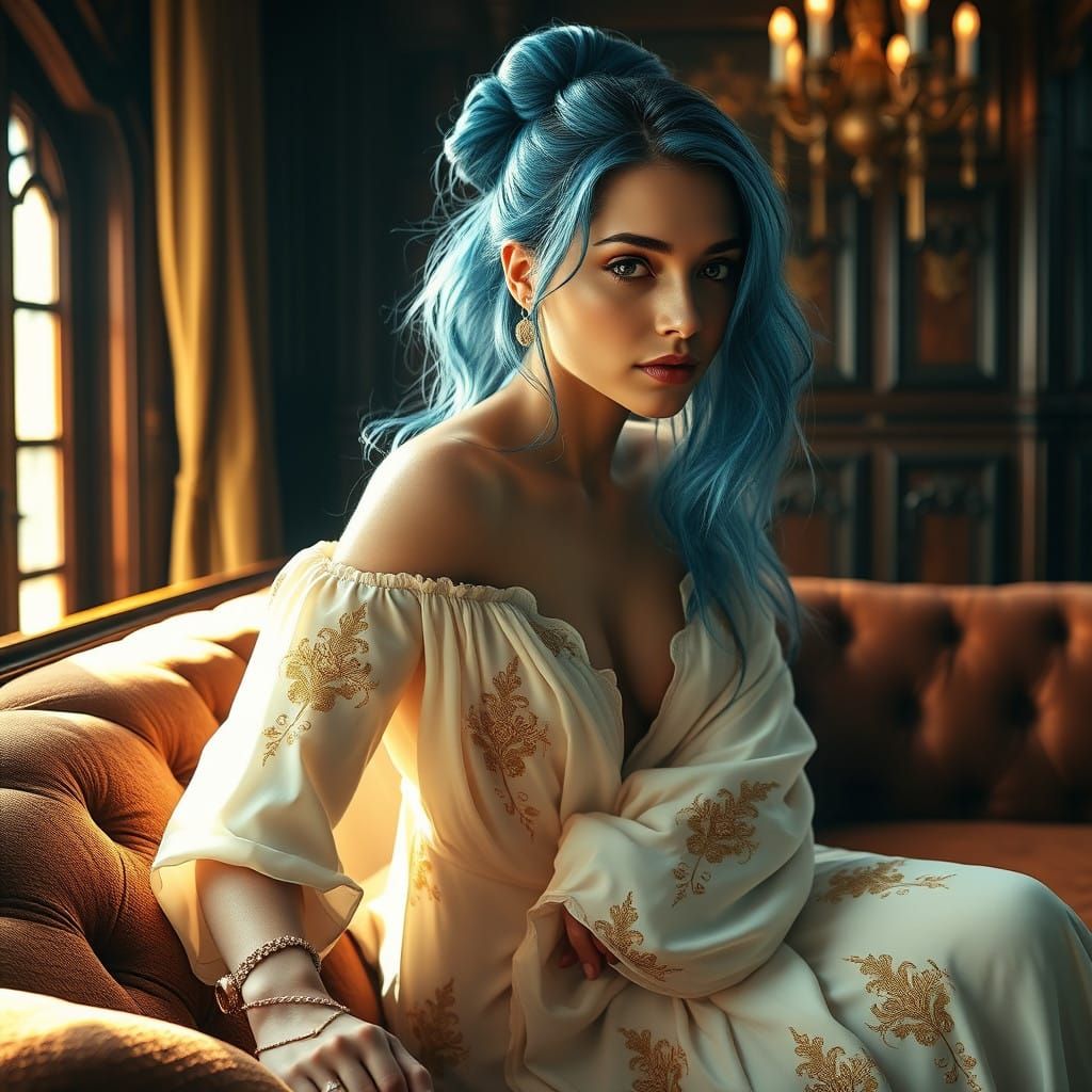 Ethereal Art Nouveau Goddess in Ivory Gown