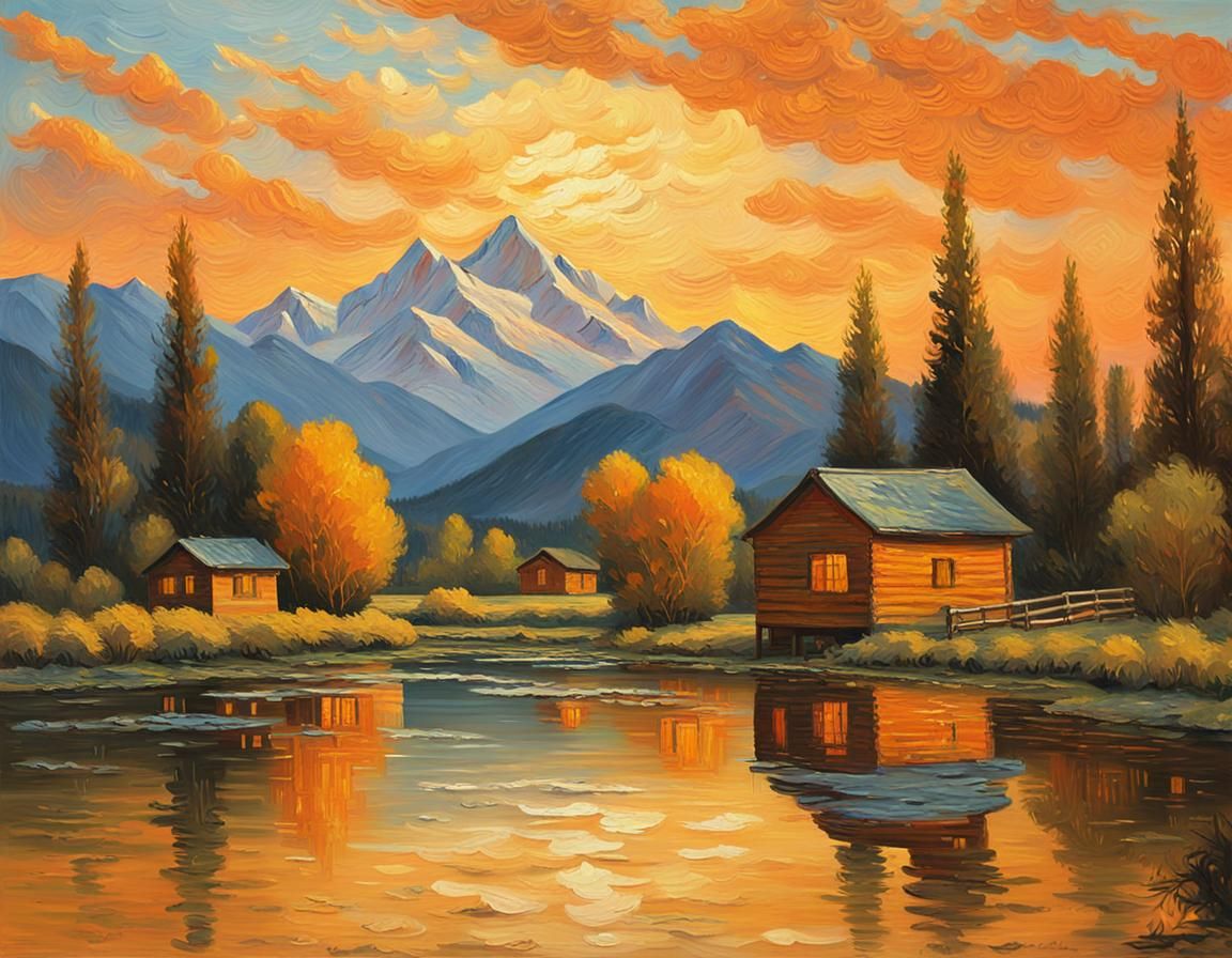 Impressionist Sunset River Landscape with Cabins