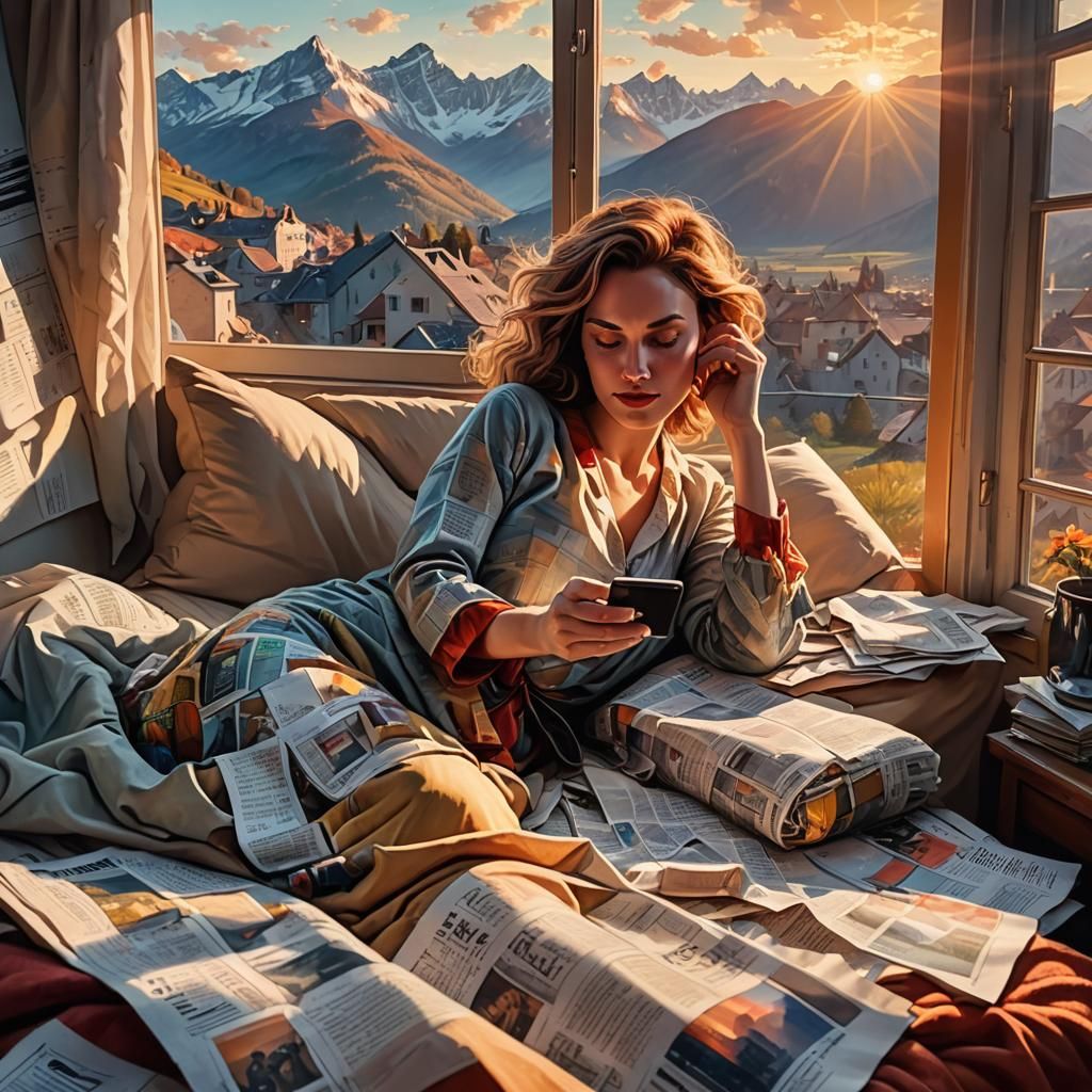 Sensual Woman at Dawn with Newspapers: Oil Painting