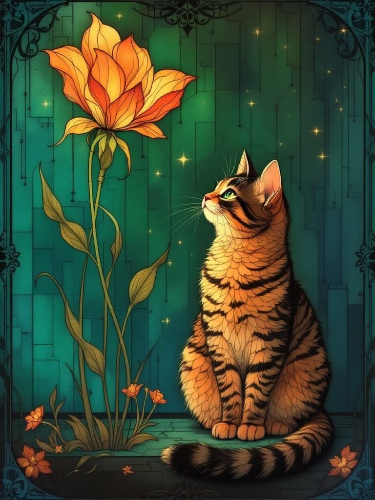 Art Nouveau Cat Amidst Jewel-Toned Blooms