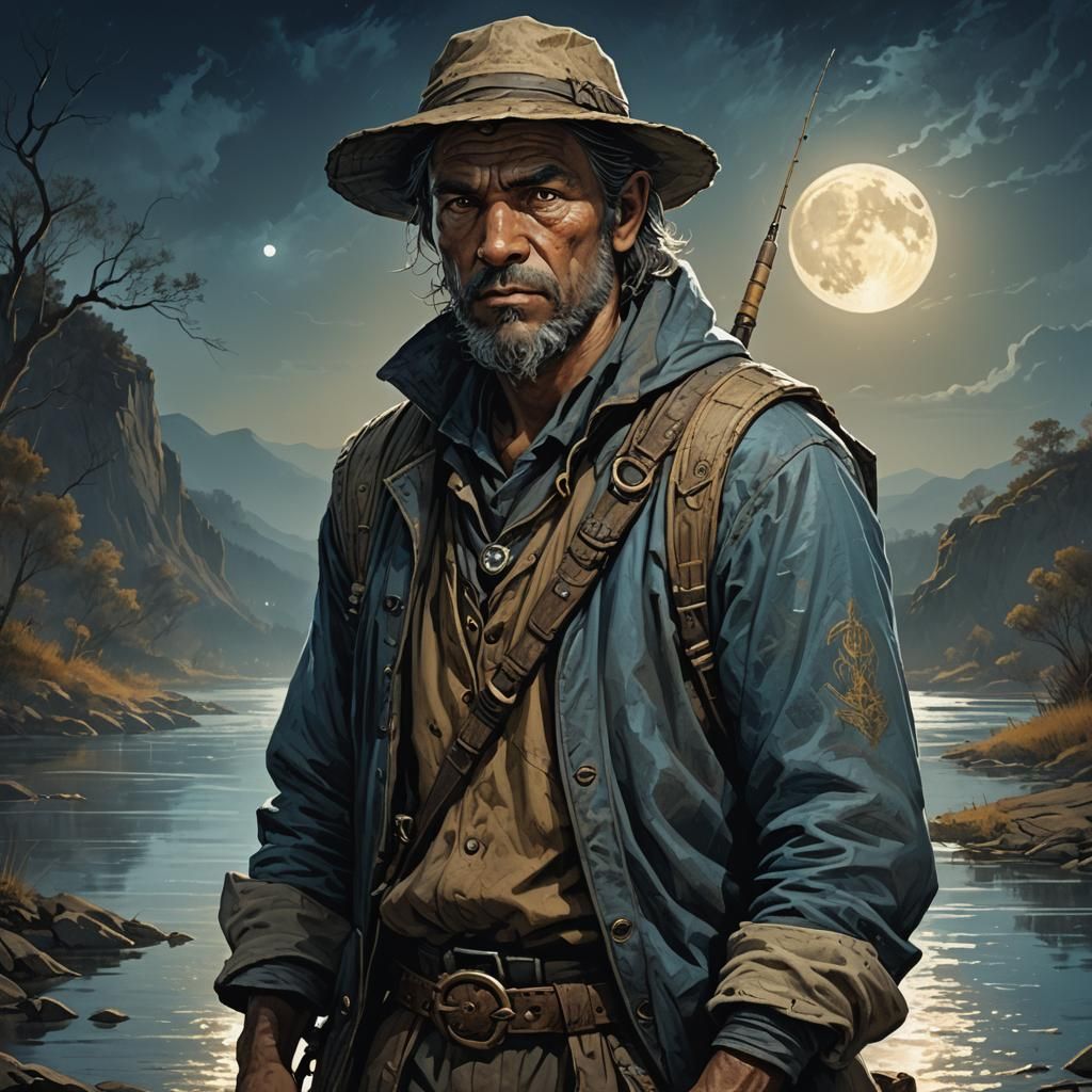 Mystical River Fisherman in Dark Fantasy Art Style