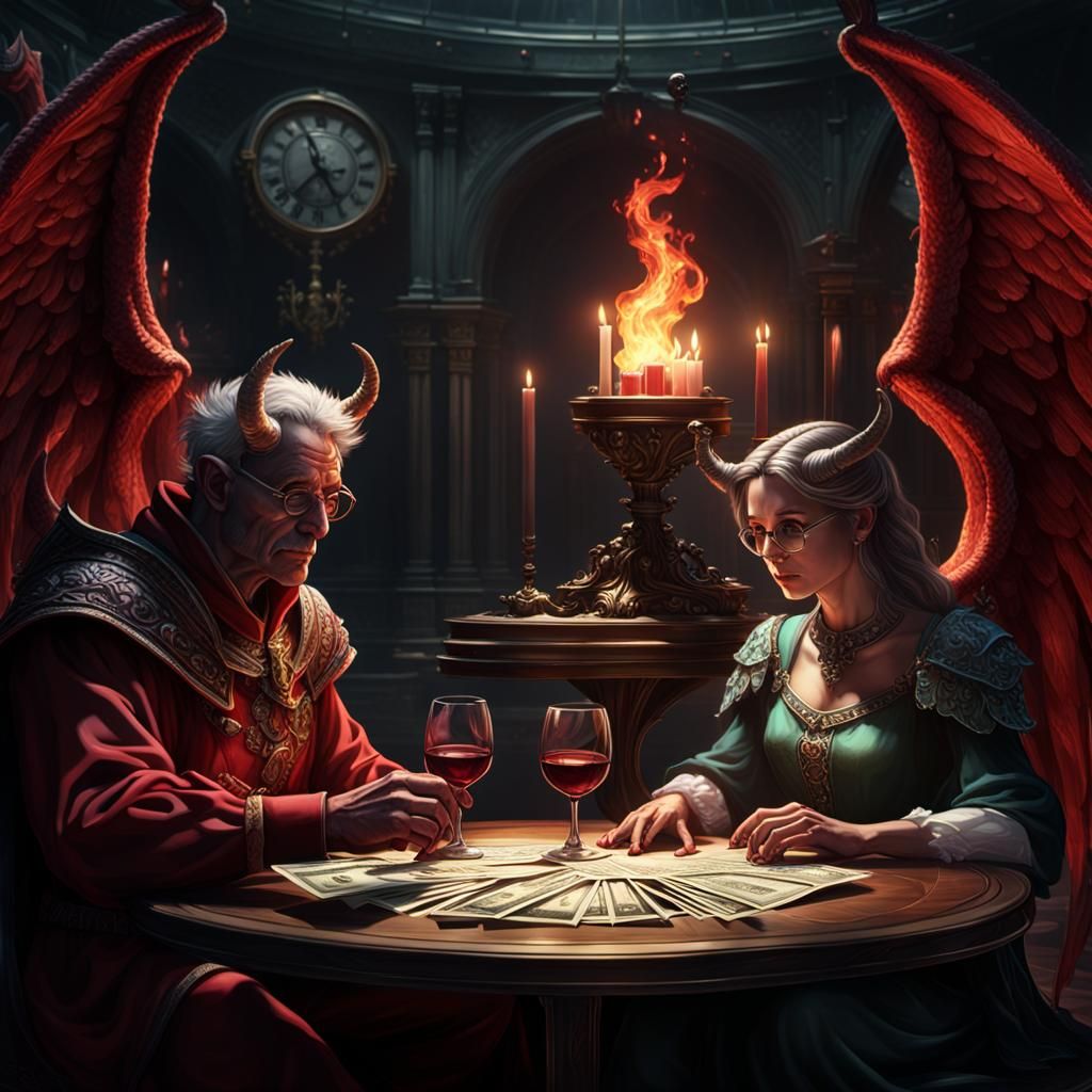 Devil and Angel Counting Money: Dark Fantasy Art