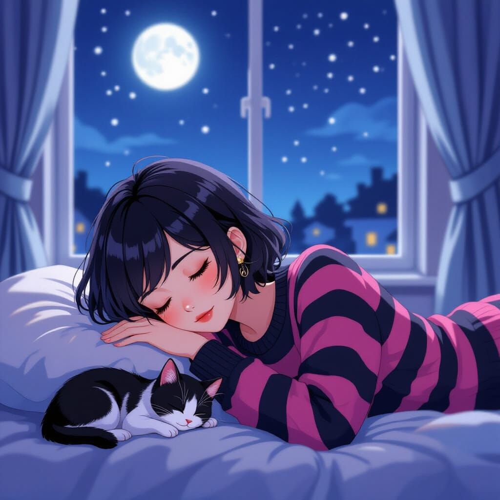 Anime Style Emo Woman Sleeping With Kitten
