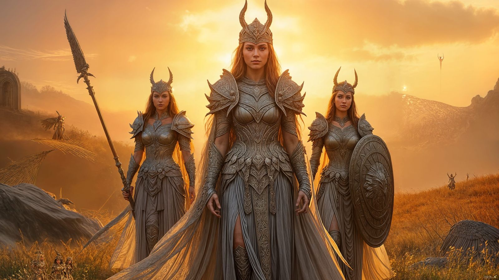 Valkyrie Queen and Shieldmaidens in Majestic Artistic Style